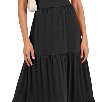 Women's Summer Casual Long Maxi Beach Vacation Dresses Sleeveless Square Neck Flowy Tiered Sun Dress with Pockets